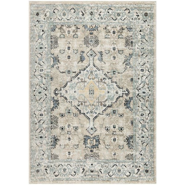 Nourison Washable Decor Taupe Blue 8 ft. x 10 ft. Center medallion Traditional Area Rug