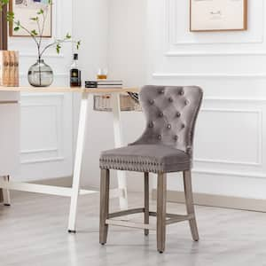 Harper 24 in. High Back Nail Head Trim Button Tufted Gray Velvet Counter Stool with Solid Wood Frame in Antique Gray