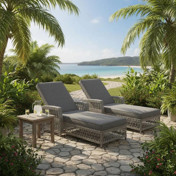 2-Piece Gray Wicker Outdoor Chaise Lounge with Gray Soft Removable Cushions Long Reclining Chaise for Poolside