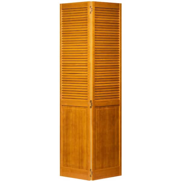 Kimberly Bay 24 in. x 80 in. Traditional Louver Panel Golden Oak Solid Core Wood Bi-Fold Door