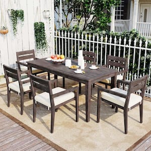 Gray 7-Piece Acacia Wood Outdoor Dining Set with White Cushion