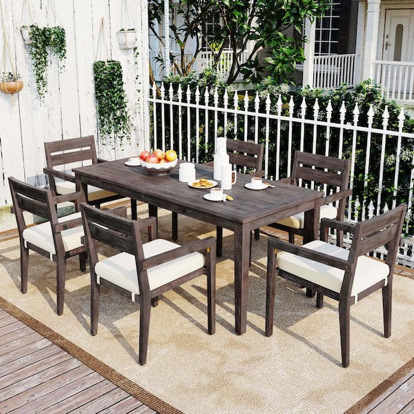 Gray 7-Piece Acacia Wood Outdoor Dining Set with White Cushion