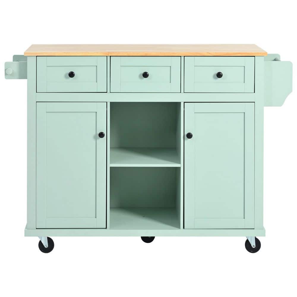 53 in. Rubber wood Green Kitchen Cart with Cabinets, Drop-Leaf and ...