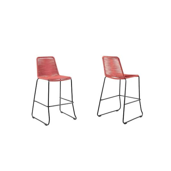 Benjara Red Stackable Metal Outdoor Bar Stool with Fishbone Rope Weaving (2-Pack)