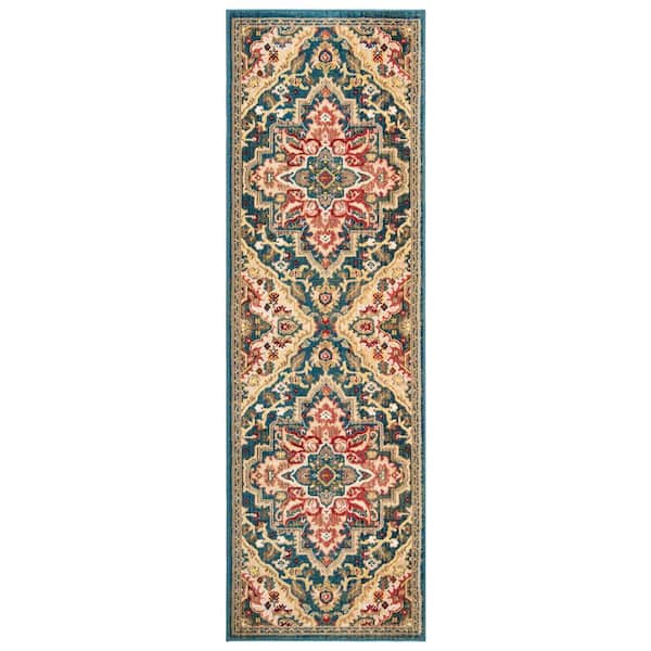Kashan 3 ft. x 16 ft. Blue/Beige Border Runner Rug