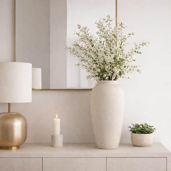 18.5 in. Beige/White Pottery Paper Mache Cylinder Decorative Floor Vase