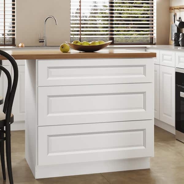 Hausvita 36 in. W x 24 in. D x 34.5 in. H in Traditional White Plywood Ready to Assemble Kitchen Base Cabinet with 3 Drawers