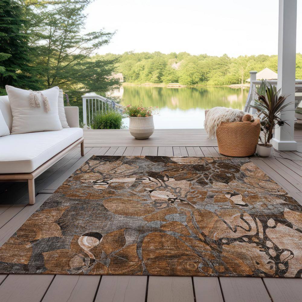 Paprika Floral Synthetic 5' x 7' Washable Area Rug