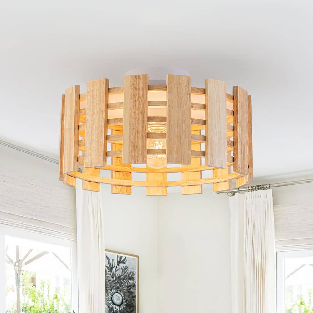 14 in. 1-Light Rustic Farmhouse Drum Matte White Flush Mount Ceiling Light with Natural Wood for Bedroom & Hallway price history on PriceWatchPro