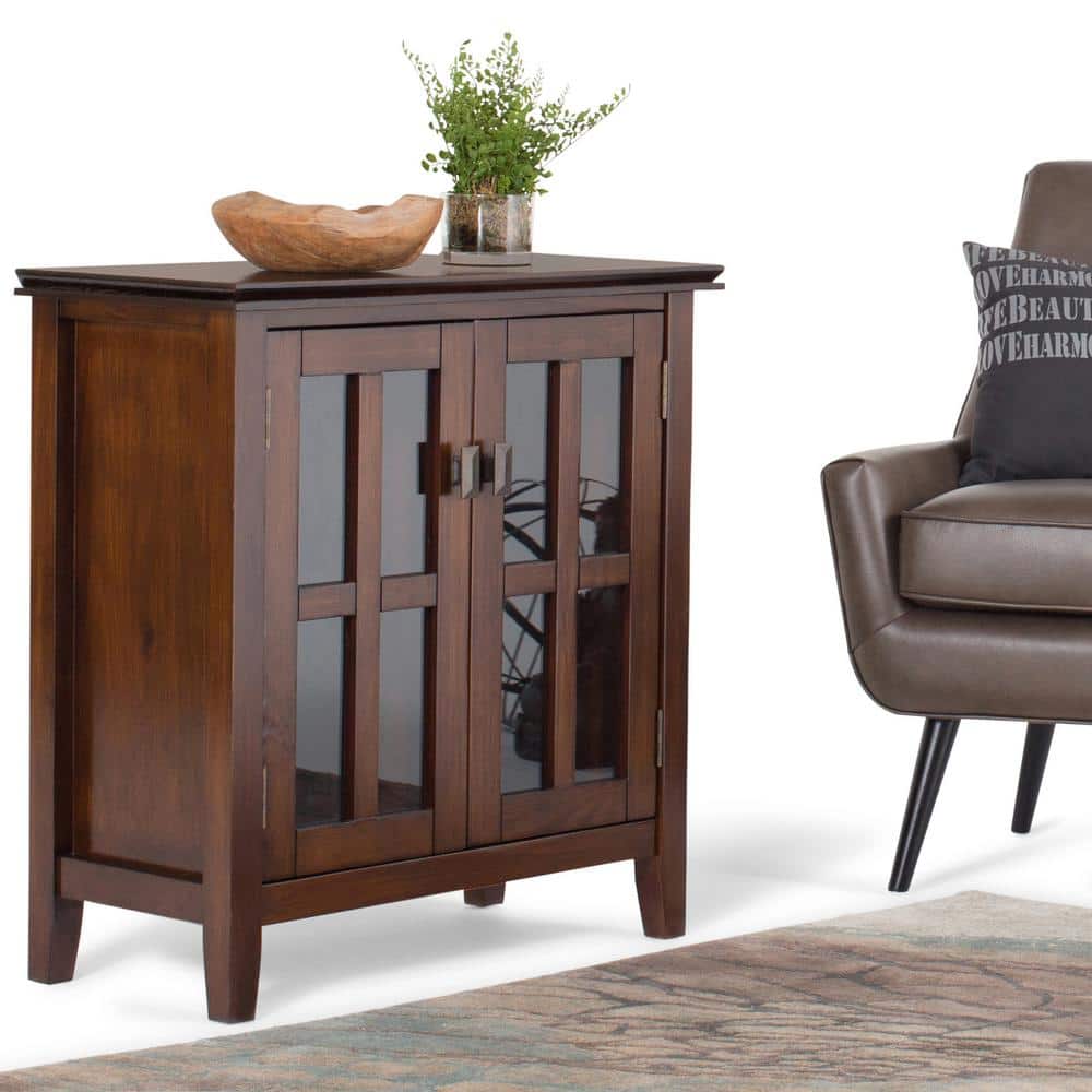 Russet Brown Solid Wood Low Storage Cabinet with Glass Doors