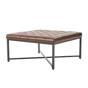 Fausto Brown 36.5"W Modern Genuine Leather Coffee Table With Button-Tufted