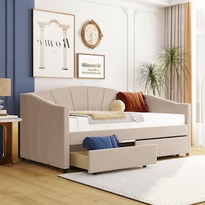 Beige Modern Twin Size Upholstered Daybed with Two Drawers and Wood Slat Suppot
