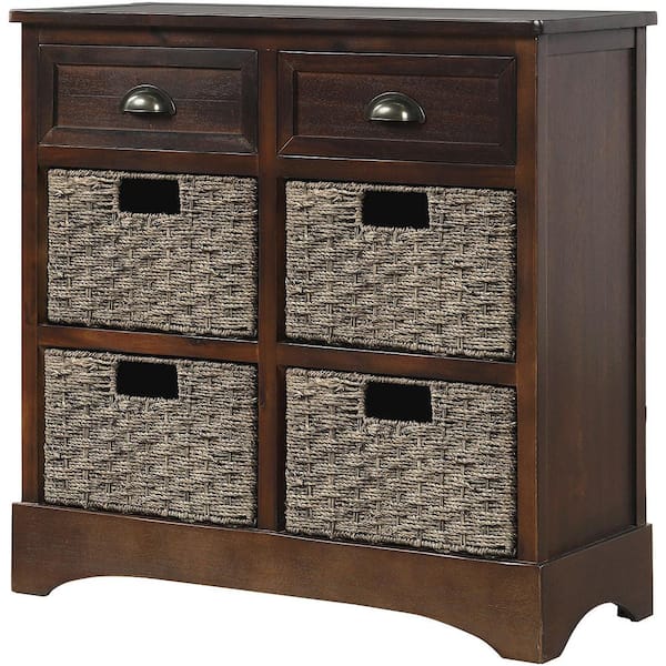 GODEER Antique Navy Rustic Storage Cabinet with Two Drawers and Four Classic Rattan Basket