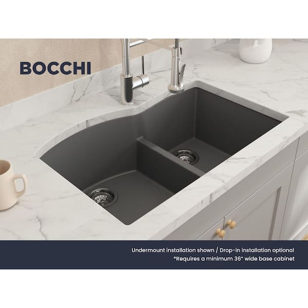 Campino Duo Concrete Gray Granite Composite 33 in. 60/40 Double Bowl Drop-In/Undermount Kitchen Sink with Strainers