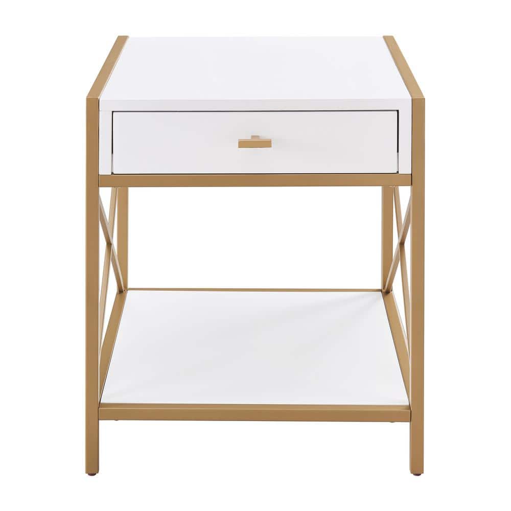 Claudette Gold Metal Frame and White Wood Top End Table with Drawer