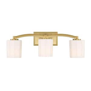 Whitney 24 in. 3-Light Warm Brass Vanity Light with Fluted Opal Etched Glass Shades