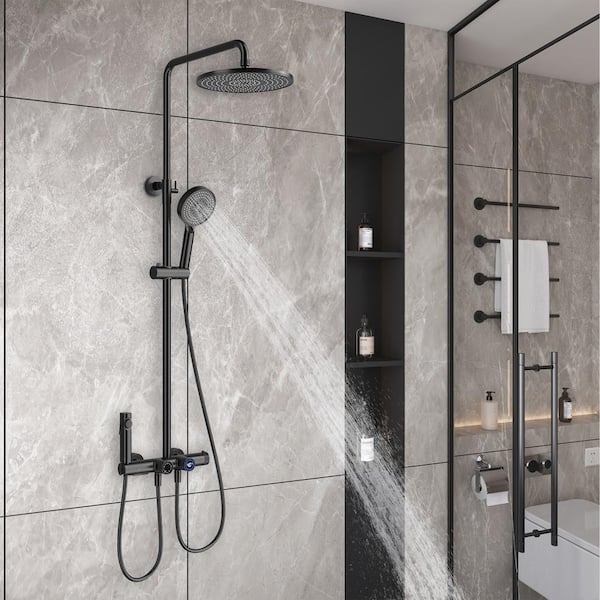 3-Spray 2.64 GPM 10 in. Wall Mount Fixed and Handheld Dual Shower Head with Thermostatic Shower Valve in Matte Black