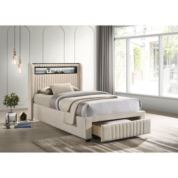 Coaster Madison White Cream Wood Frame Twin Upholstered Platform Bed with Touch LED Light and Storage