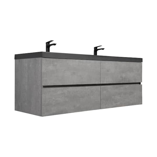 JimsMaison 60 in. W x 20 in. D x 22 in. H Double Sink Wall-Mounted Bath Vanity in Grey with Matte Black Quartz Sand Top