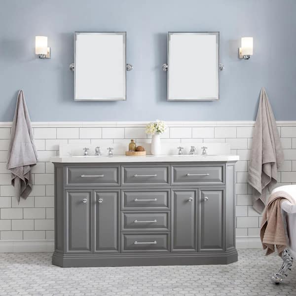 Water Creation Palace 60 in. W x 22 in. D x 34 in. H Double Sink Bath Vanity in Cashmere Grey with Carrara White Quartz Top and Mirrors