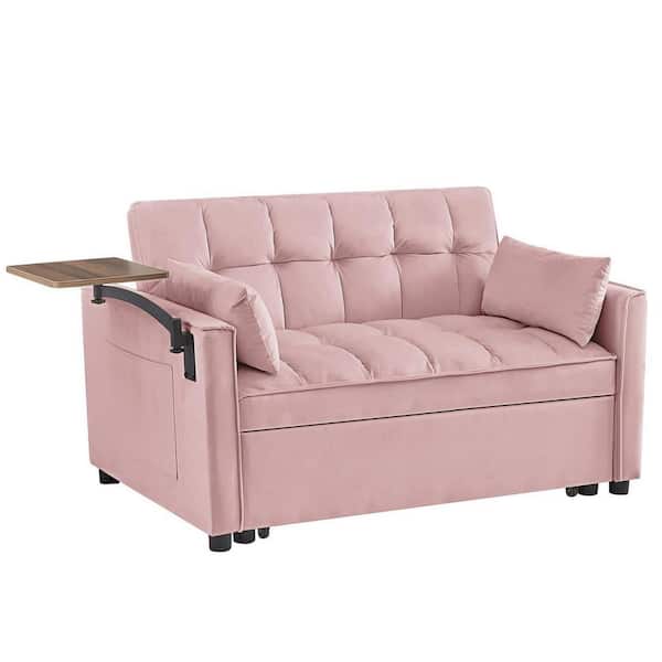 anpport 53 in. W 3-in-1 Convertible Velvet Sleeper Sofa Bed with 2 Pillows and Small Table, Pink, 2-Seater Loveseat