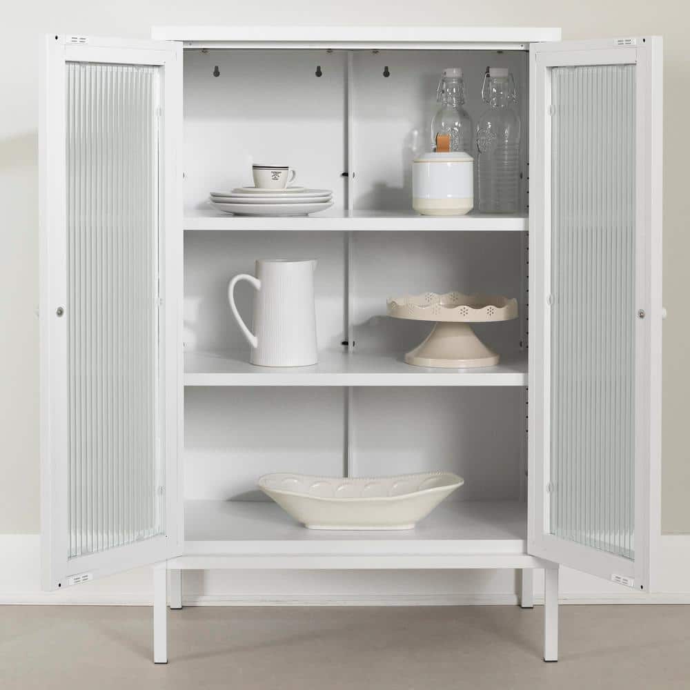 White Metal Storage Cabinet with Fluted Glass Doors
