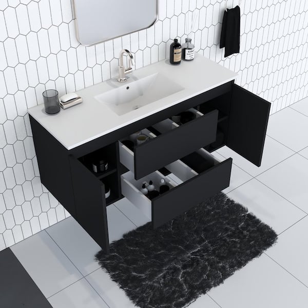 Salt 48 in. W x 18 in. D Bath Vanity in Glossy Black with Ceramic Vanity Top in White with White Basin