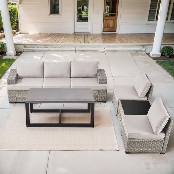 ModNest Taupe 7-Piece Wicker Patio Conversation Set, Modular Sofa Set with Beige Cushions and Coffee Table