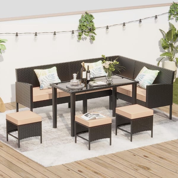 Small Space 7-Piece Wicker Patio Conversation Set with Khaki Cushions, Glass Table