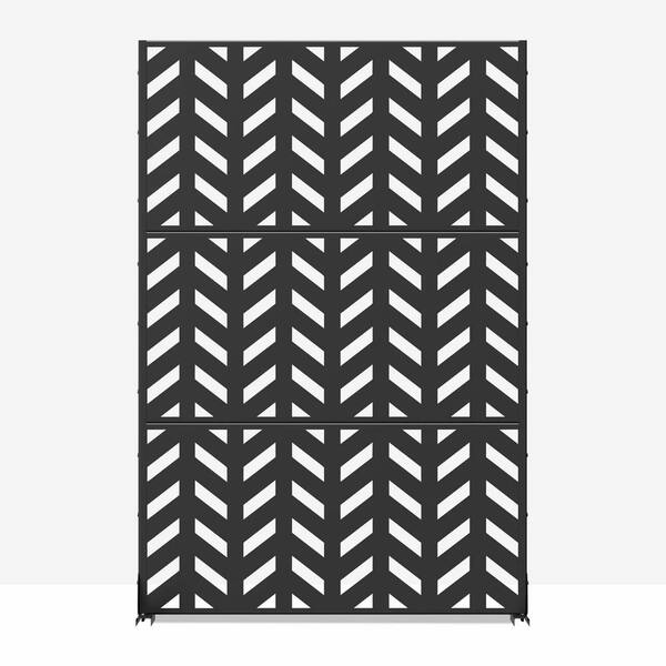 Cadeninc Metal Freestanding Privacy Fence Panel - Fishbone Pattern, Black | 3.92 ft x 6 ft