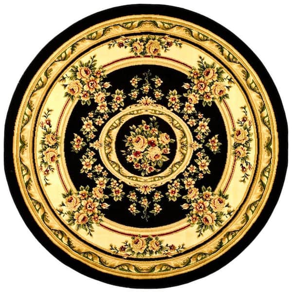 SAFAVIEH Lyndhurst Black/Ivory 5 ft. x 5 ft. Round Medallion Border Floral Area Rug