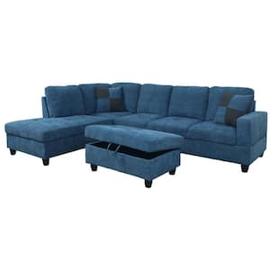 104 in. Square Arm 3-Piece Microfiber L-Shaped Sectional Sofa in Blue