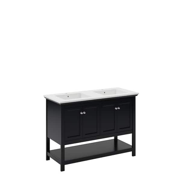 Fresca Manchester 48 in. Double Sink Shaker-Style Black Bath Vanity with White Quartz Top and Integrated Sink