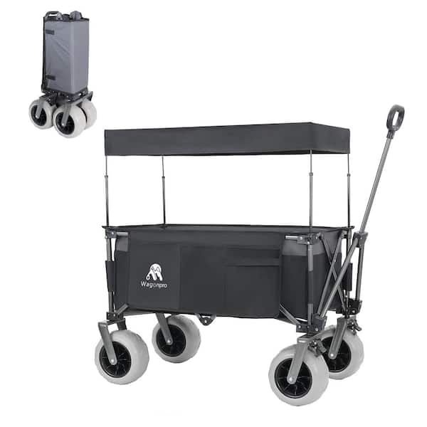 4 cu. ft. Black Gray Steel Garden Cart Multi-Functional Folding Wagon with Flexible Handle & Canopy & 9"x4" Beach Tires