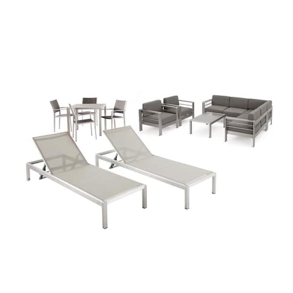 Noble House Cape Coral Silver 13-Piece Aluminum Patio Conversation Set with Khaki Cushions