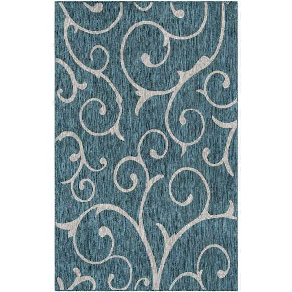 Indoor/Outdoor Curl Teal Blue 5 ft. x 8 ft. Area Rug