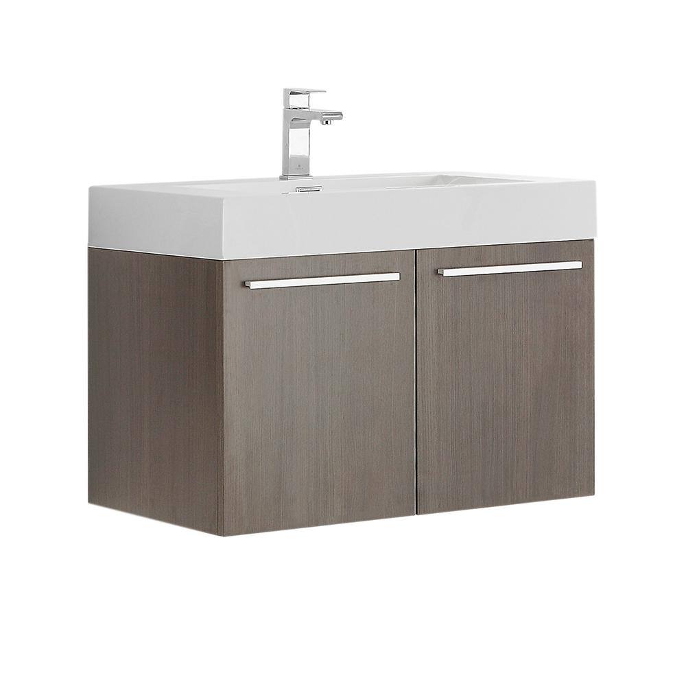 Gray Oak Wall-Mount Vanity with White Acrylic Sink