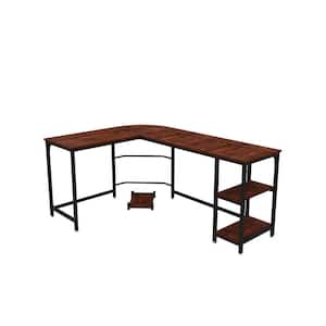 66 in. W L-Shape Brown Manufactured Wood No Drawer Writing Desk With 2-Adjustable Shelves