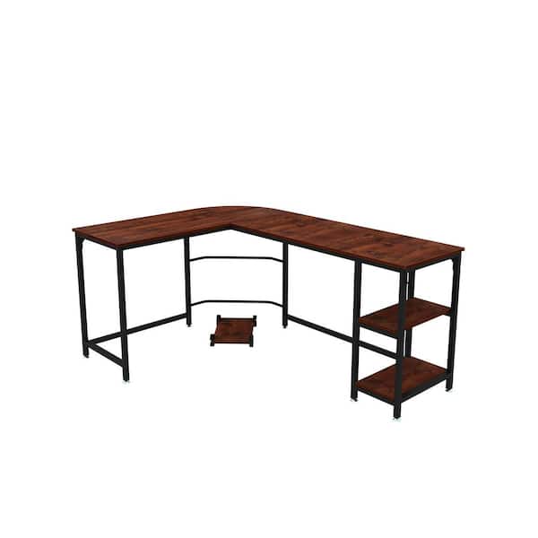 Siavonce 66 in. W L-Shape Brown Manufactured Wood No Drawer Writing Desk With 2-Adjustable Shelves