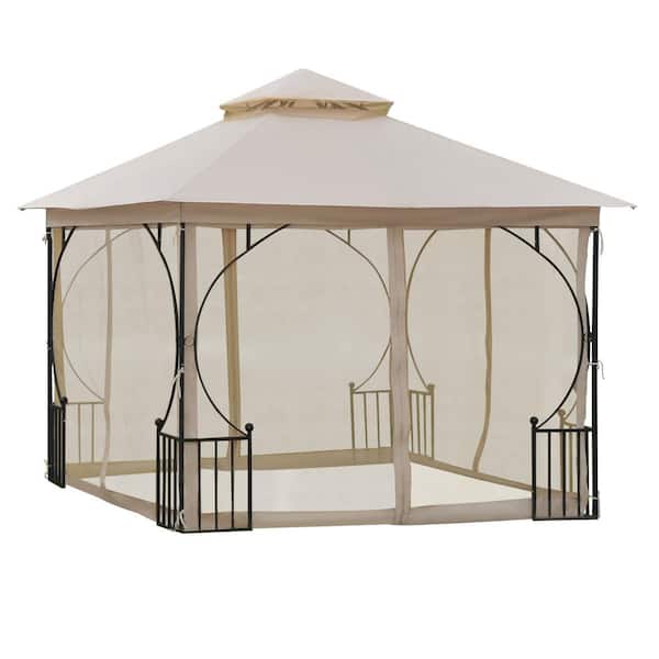 Cesicia Patio 10 ft. x 10 ft. Beige Double Roof Outdoor Gazebo with Netting