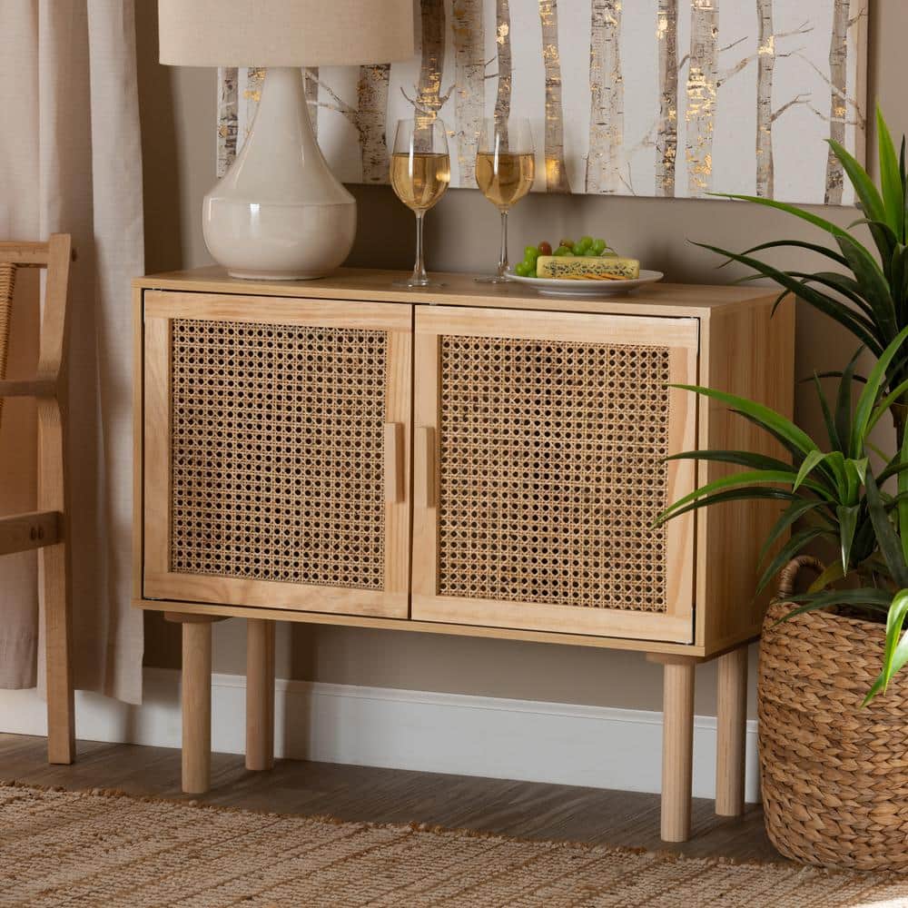 Maclean Mid-Century Modern Natural Rattan and Wood 2-Door Sideboard