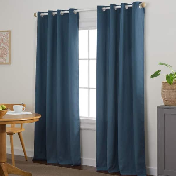 TOWN & COUNTRY BASICS Selena Solid Linen Texture 50 in. W x 84 in. L Polyester Room Darkening Sage Navy Blue Curtain (Set of 2)