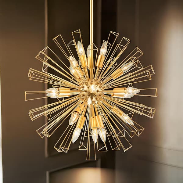 RRTYO Ellis 23.6 in.W 18-Light Gold Modern Sputnik Cluster Pendant Light Geometric Sphere Firework Starburst Chandelier