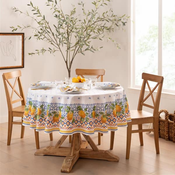 Capri Lemon Double Border Tablecloth, Multicolor - 70"W x 70"L Round