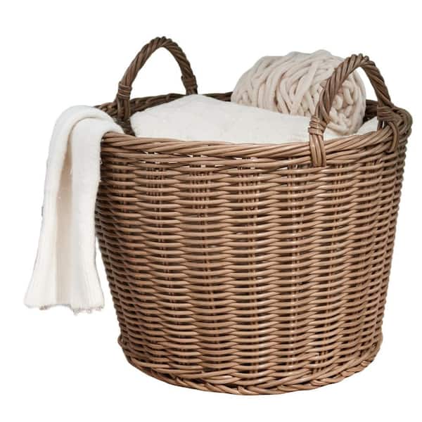 Unbranded Walnut Brown 16 in. x 14.5 in. Round Resin Woven Wicker Decorative Basket with Handles for Clothes, Towels, Toys Storage