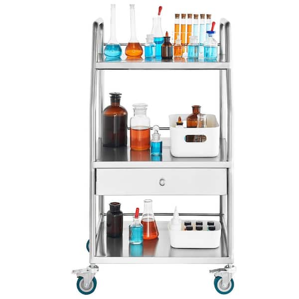 SKYSHALO Lab Serving Cart, Dental Utility Cart with Lockable Wheels, Sliver Stainless Steel Kitchen Cart, Utility Rolling Cart