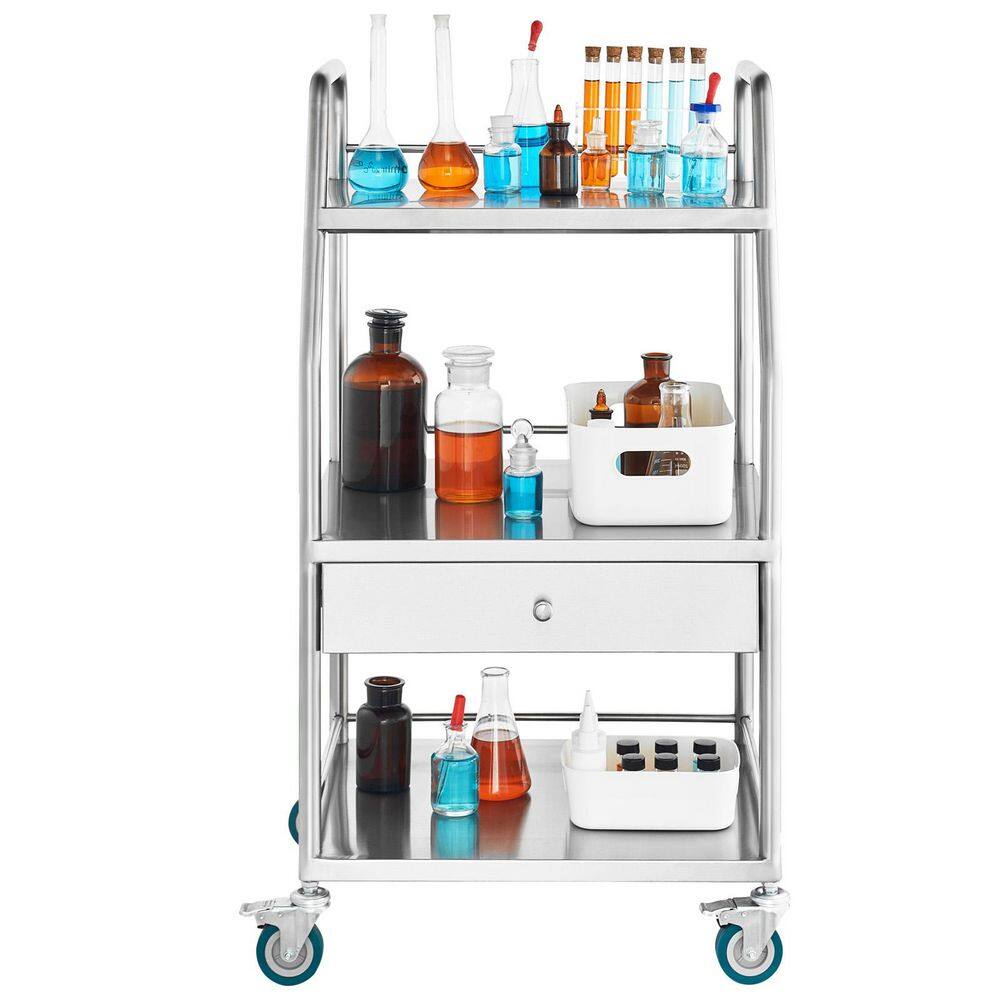 Laboratory Service Trolley, Triple Tiered Stainless Steel Mobile Cart, Medical Trolley with Single Drawer, for Labs price history on PriceWatchPro