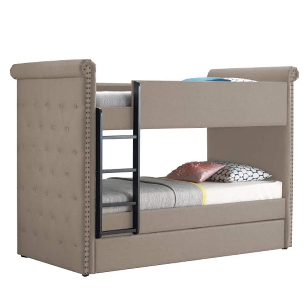 Beige Twin Bunk Bed with Trundle and Tufted Upholstery