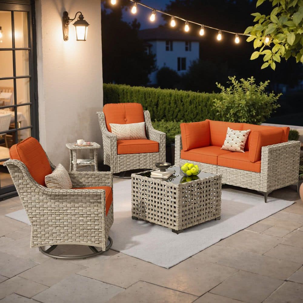 いすいす XIZZI Zephyr 6 Pieces Wicker Outdoor Rocking Chair Set with Orange