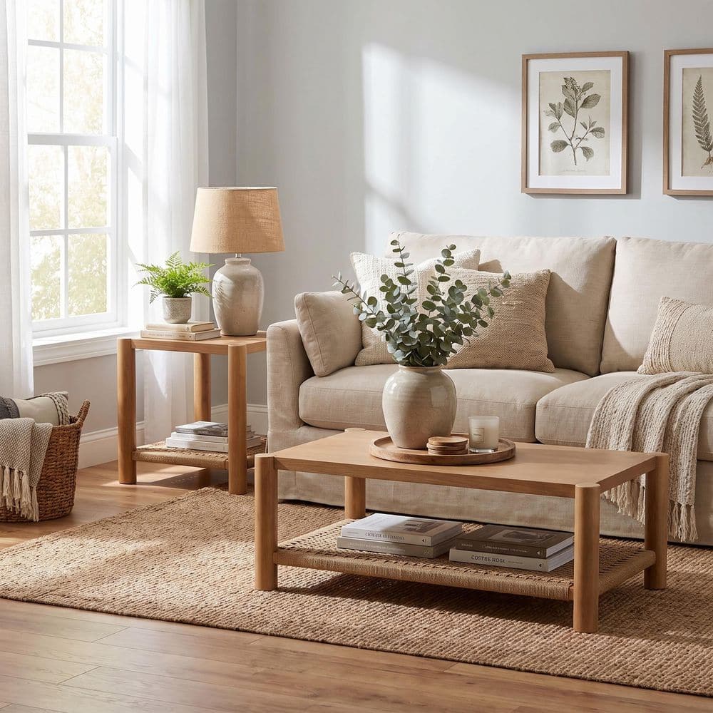 Mid-Century Modern 49.61 in. Brown Rectangle Wood Coffee Table and End Table Set with Hand-Woven Rope Shelf, Walnut